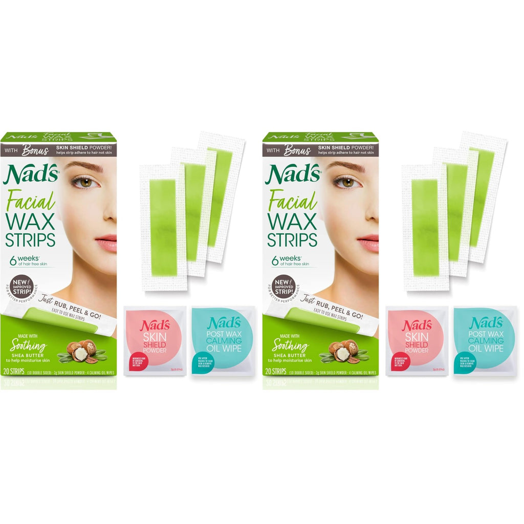 Nad's Facial Wax Strips - Hypoallergenic All Skin Types - Facial Hair Removal For Women - At Home Waxing Kit with 20 Face Wax Strips + 4 Calming Oil Wipes + Skin Protection Powder