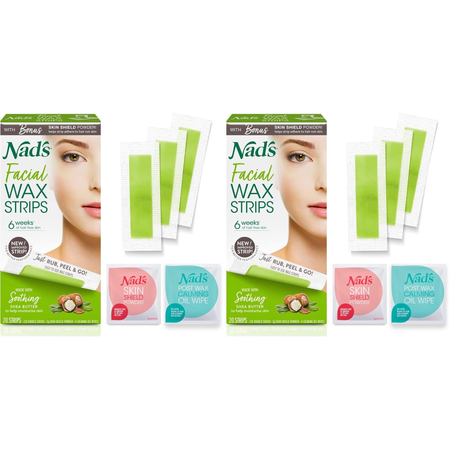 Nad's Facial Wax Strips - Hypoallergenic All Skin Types - Facial Hair Removal For Women - At Home Waxing Kit with 20 Face Wax Strips + 4 Calming Oil Wipes + Skin Protection Powder