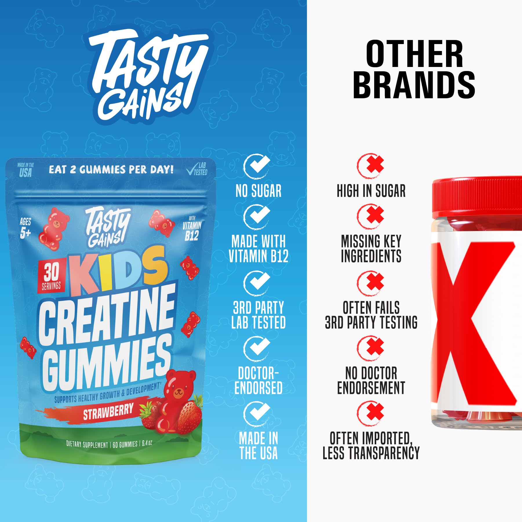 TASTY GAINS Kids & Teen Creatine Gummies with Vitamin B12 for Advanced Growth Support, Youth Sports Performance & Cellular Muscle Hydration Chewables, Ages 5+ (Strawberry, 60 Count)