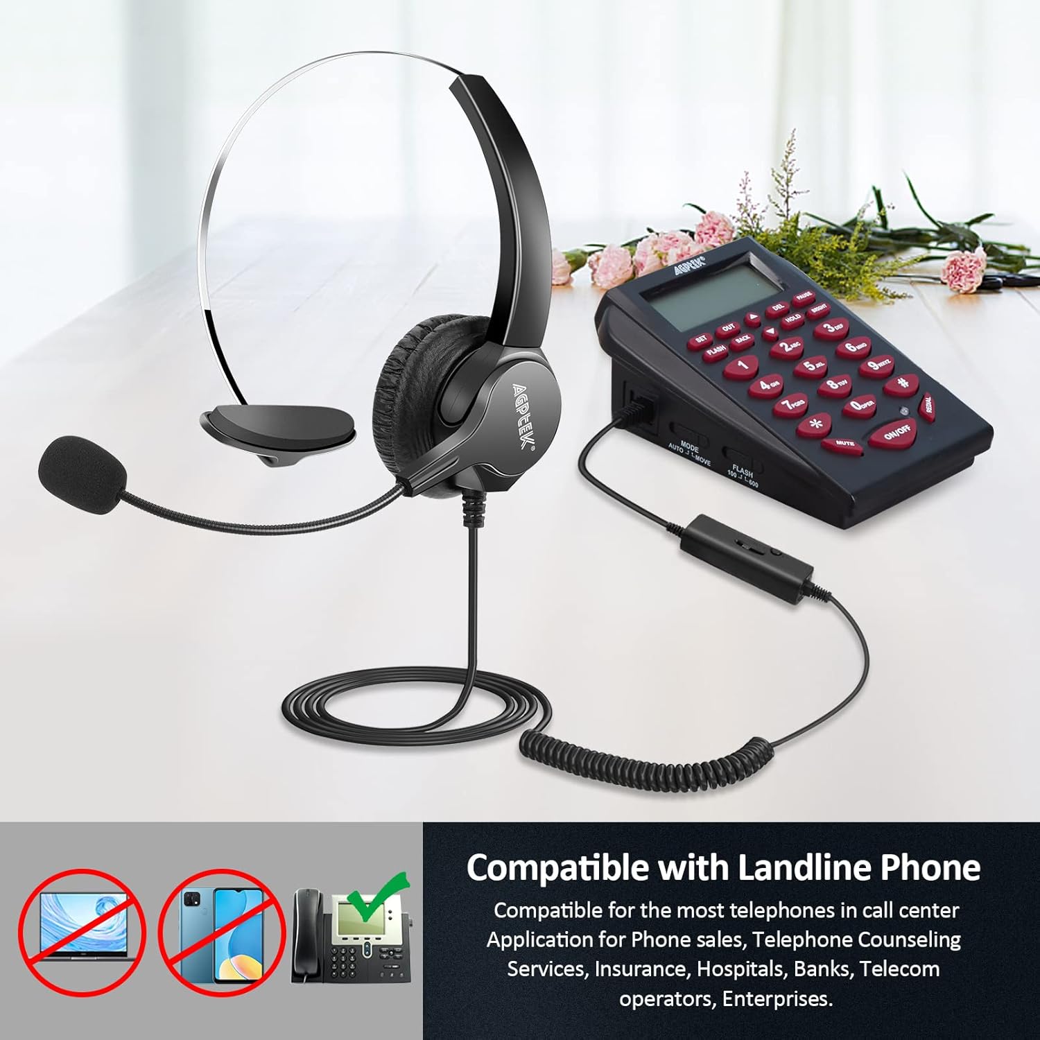 Buy now AGPTEK® Hands-Free Call Center Noise Cancelling Corded Monaural Headset Headphone for Desk Telephone with 4-Pin RJ9 Crystal Head at indiglob india