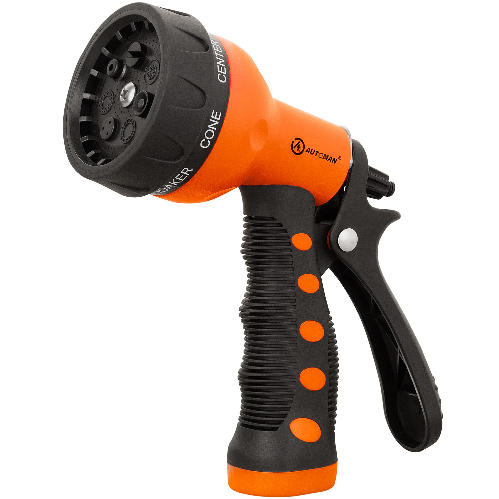 Buy now AUTOMAN-Garden-Hose-Nozzle, ABS Water Spray Nozzle with 7 Adjustable Watering Patterns, Slip Resistant for Watering Plants, Lawn& Garden, Washing Cars, Cleaning, Showering Pets & Outdoor Fun. Orange at indiglob india