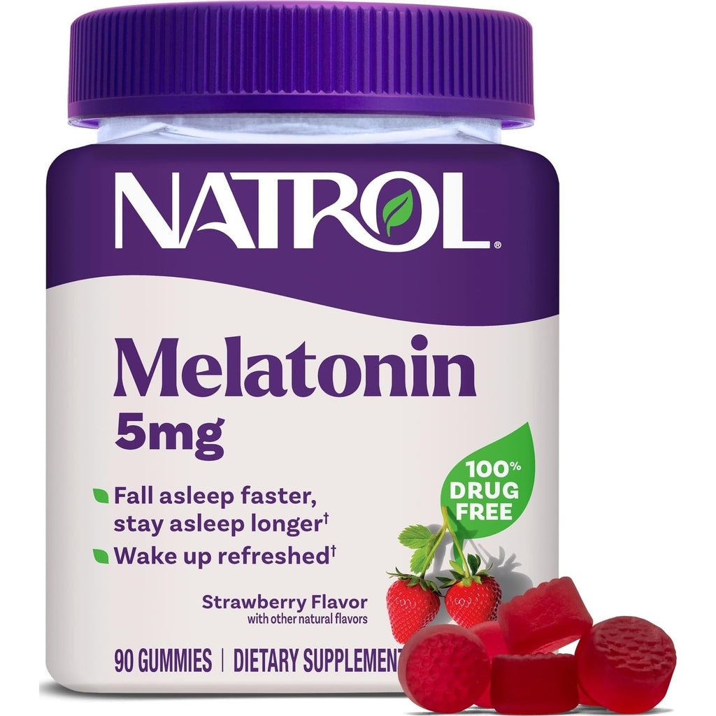 Natrol Melatonin 5 mg Gummies, Sleep Support for Adults, 90 Count | Supplement to Fall Asleep Faster & Stay Asleep Longer, Wake Up Refreshed, 100% Drug-Free, Strawberry-flavored, 90 Day Supply