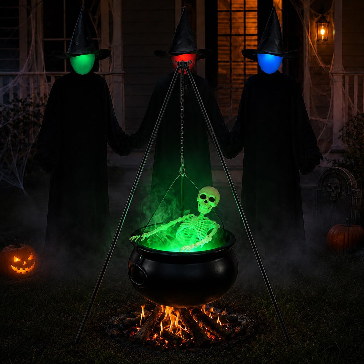 Halloween Decorations Outside - Large Witches Cauldron on Tripod with Skeleton & Fog Maker - Skeleton Halloween Party Decor for Outdoor Yard Home Porch