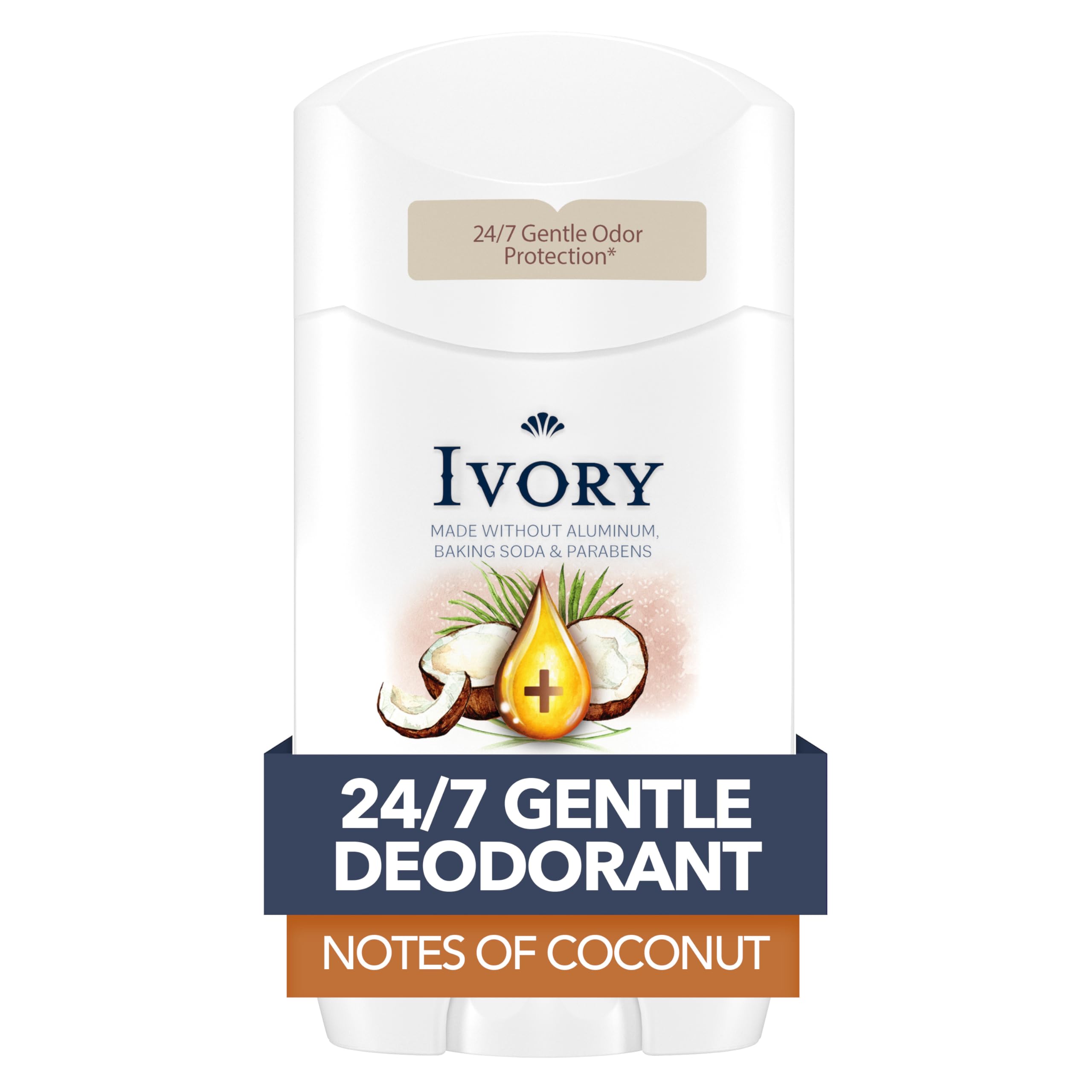 Ivory Aluminum Free Deodorant, Notes of Aloe, 24hr Gentle Deodorant, Dermatologist Tested, Baking Soda Free, Paraben Free, 2.4 oz
