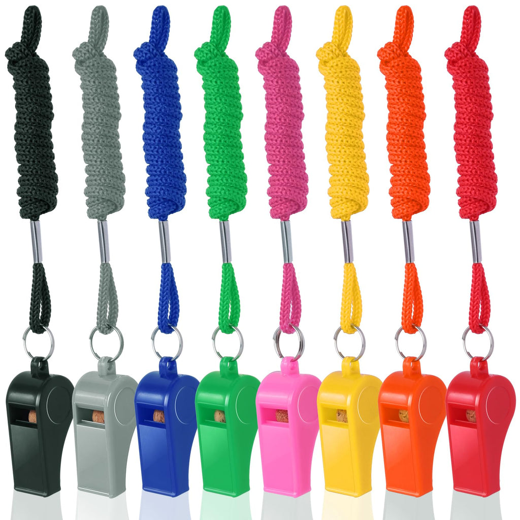 8-Pack Colorful Plastic Whistles with Lanyards - 120dB Loud Sports Whistles for Coaches, Teachers, Emergency Kits & Events