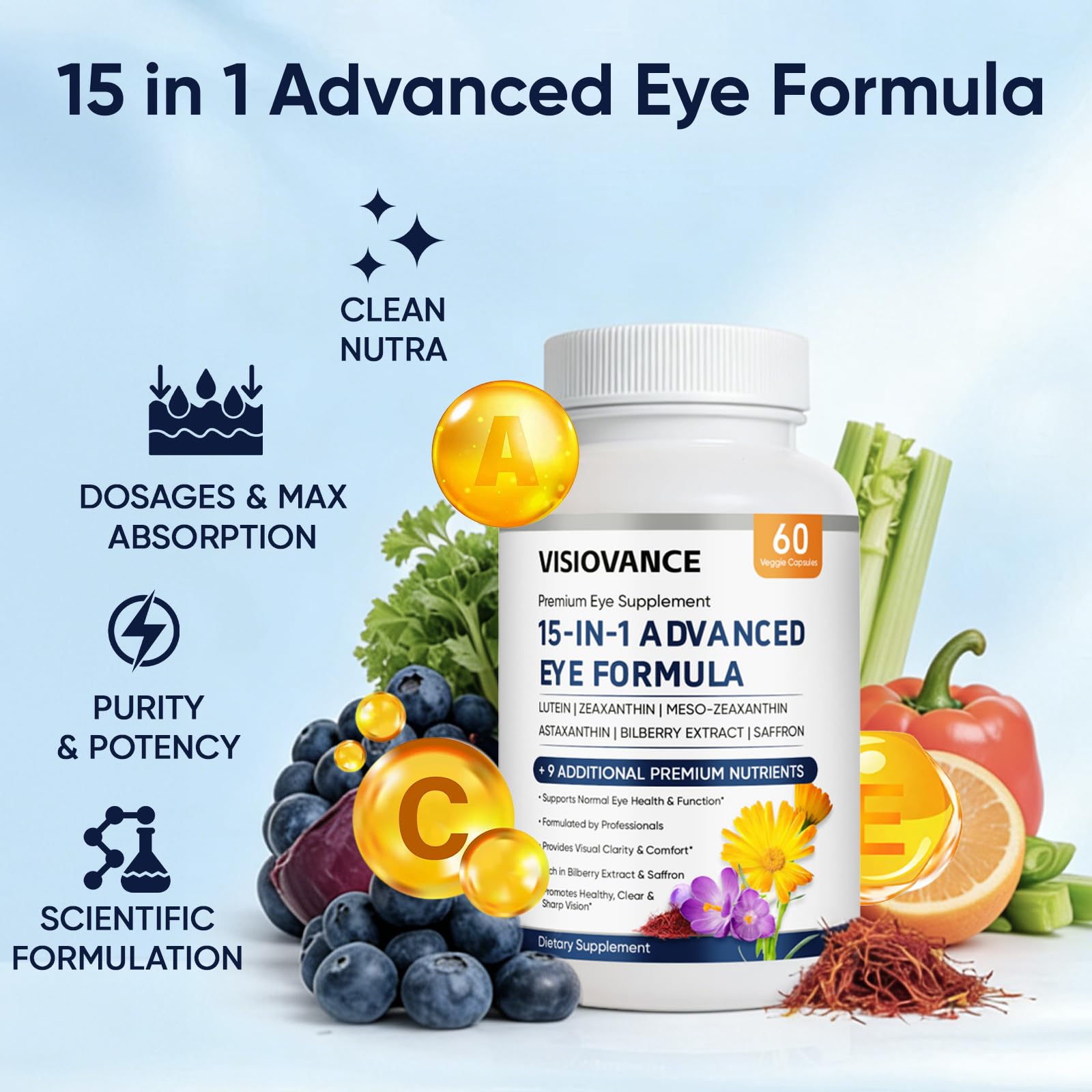 VisioVance 15 in 1 Advanced Eye Formula - Eye Vitamins Formula with All 3 Carotenoids, Lutein & Zeaxanthin, Bilberry Extract and Saffron, 60 Count(1)