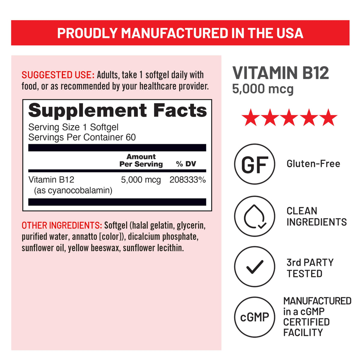 NatureWise Vitamin B12 5000 mcg - Extra Strength - Supplement for Supporting Energy Levels, Mental Clarity, Nervous System Health - Easy-to-Swallow, Soy and Gluten-Free, Non-GMO - 60 Softgels