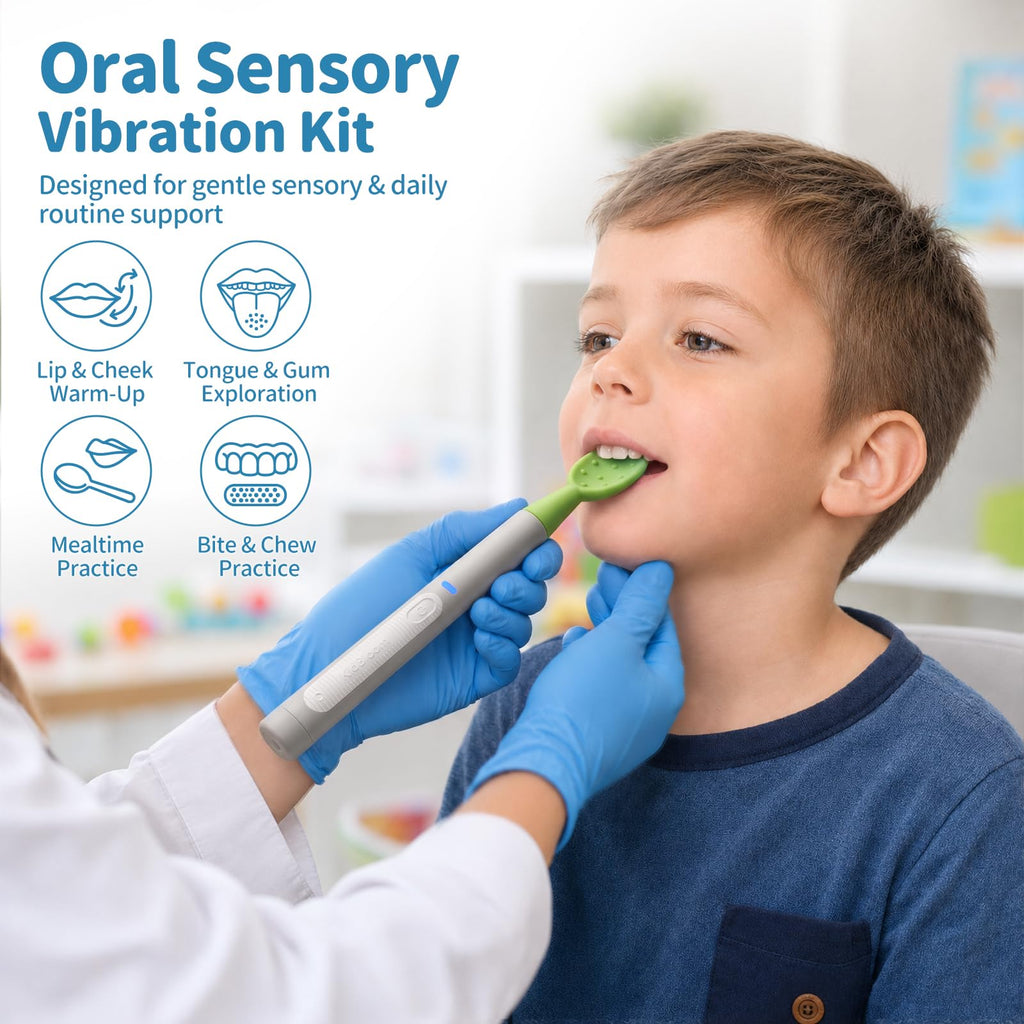 KidBloom Oral Motor Kit with 9 Textured Silicone Tips, 3-Mode Vibrating Teether, Autism Sensory Products, Speech Therapy Materials for Feeding Support, SPD