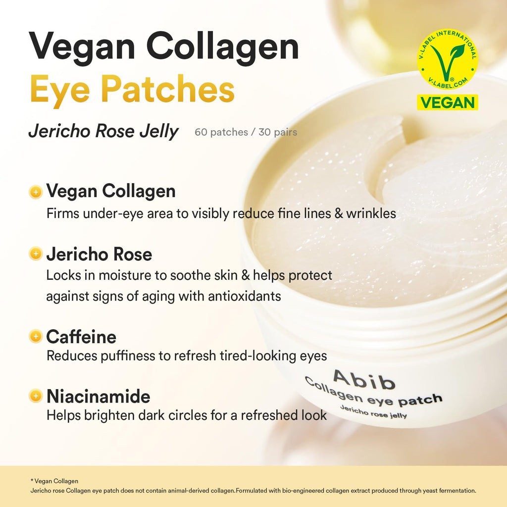 Abib Vegan Collagen Eye Patches for Wrinkles & Fine Line with Jericho Rose Jelly & Peptides, 60 Count, Korean Skin Care
