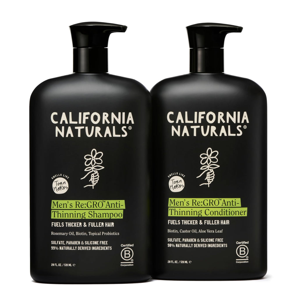 California Naturals Re:GRO Anti-Thinning Shampoo & Conditioner Set for Men, Biotin, Caffeine & Rosemary Oil, Hair Loss & Thinning Hair Support, Sulfate Free, 20 oz