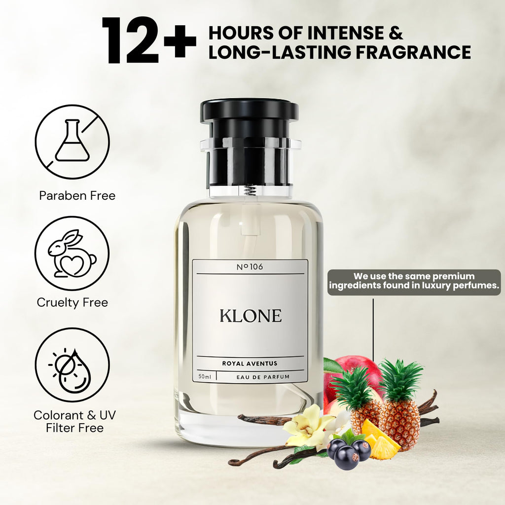 Klone Scents Royal Aventus – 12+ Hours Long-Lasting Designer Inspired Fragrance – Smells Like Aventus with Notes of Bergamot, Pineapple & Oakmoss – Clean Ingredients, No Parabens – 50ml