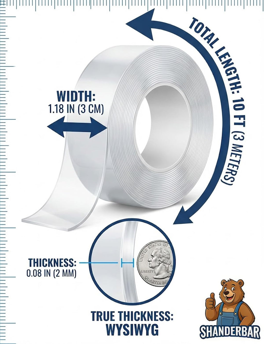 Nano Tape Double Sided Heavy Duty - 9.8FT No Residue, Washable, Traceless
