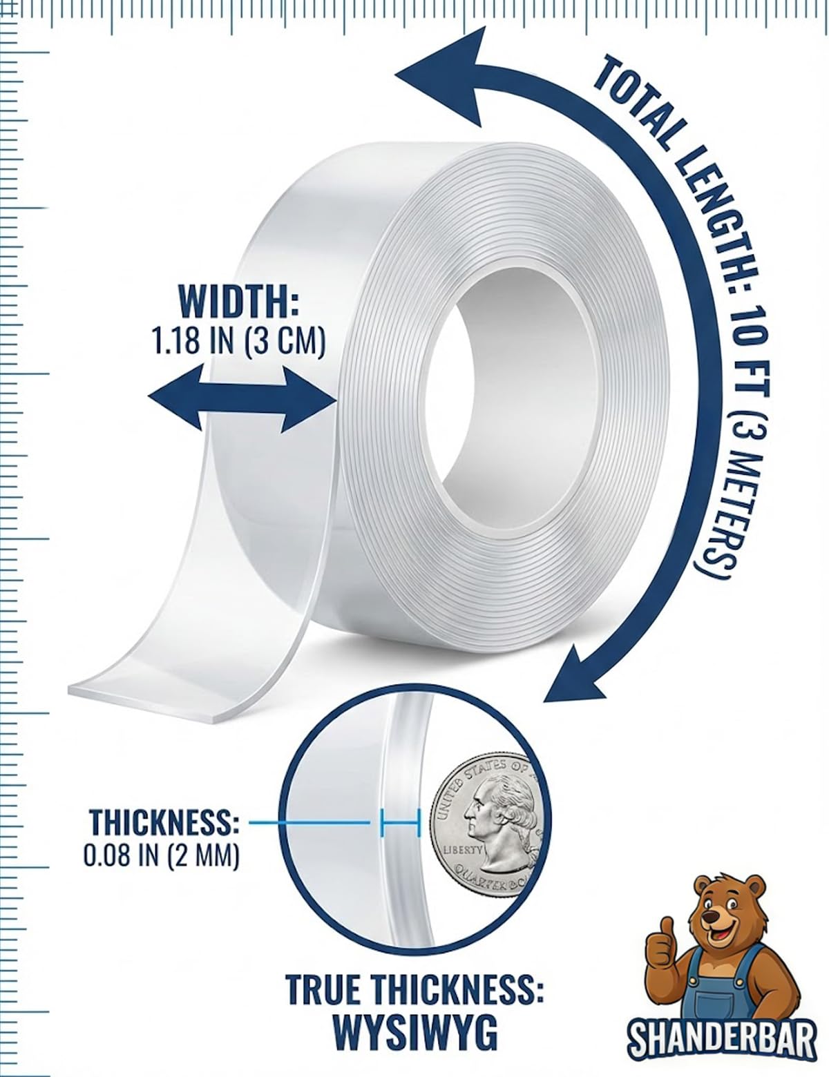 Nano Tape Double Sided Heavy Duty - 9.8FT No Residue, Washable, Traceless