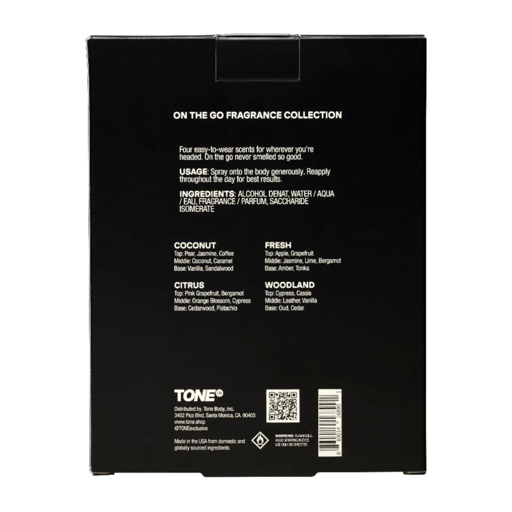 TONE 4 Piece On-The-Go Cologne Sample Pack for Men & Women, Multi-Layered, Light Cologne, Travel Size, 4 Premium Scents - Fresh, Citrus, Coconut, Woodland (0.3 fl oz each)