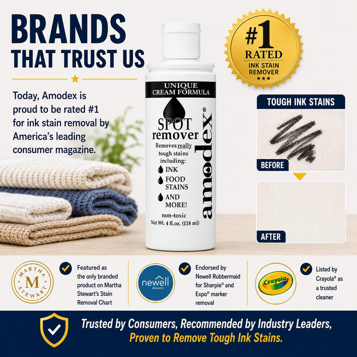 Amodex Ink & Spot Remover for Clothes, Leather and Skin - Removes Ink, Ballpoint, Sharpie, Grease and More, Works on Set-in Stains, Gentle but Powerful, 4oz/120ml Bottle