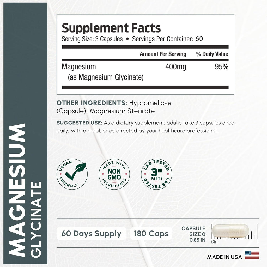 Pure Magnesium Glycinate 400mg Serving - High Absorption Magnesium Glycinate - Mag Bisglycinate for Stress, Bones, Muscles, Nerves, Relaxation & Heart Health, Non GMO & Gluten Free - 180 Capsules