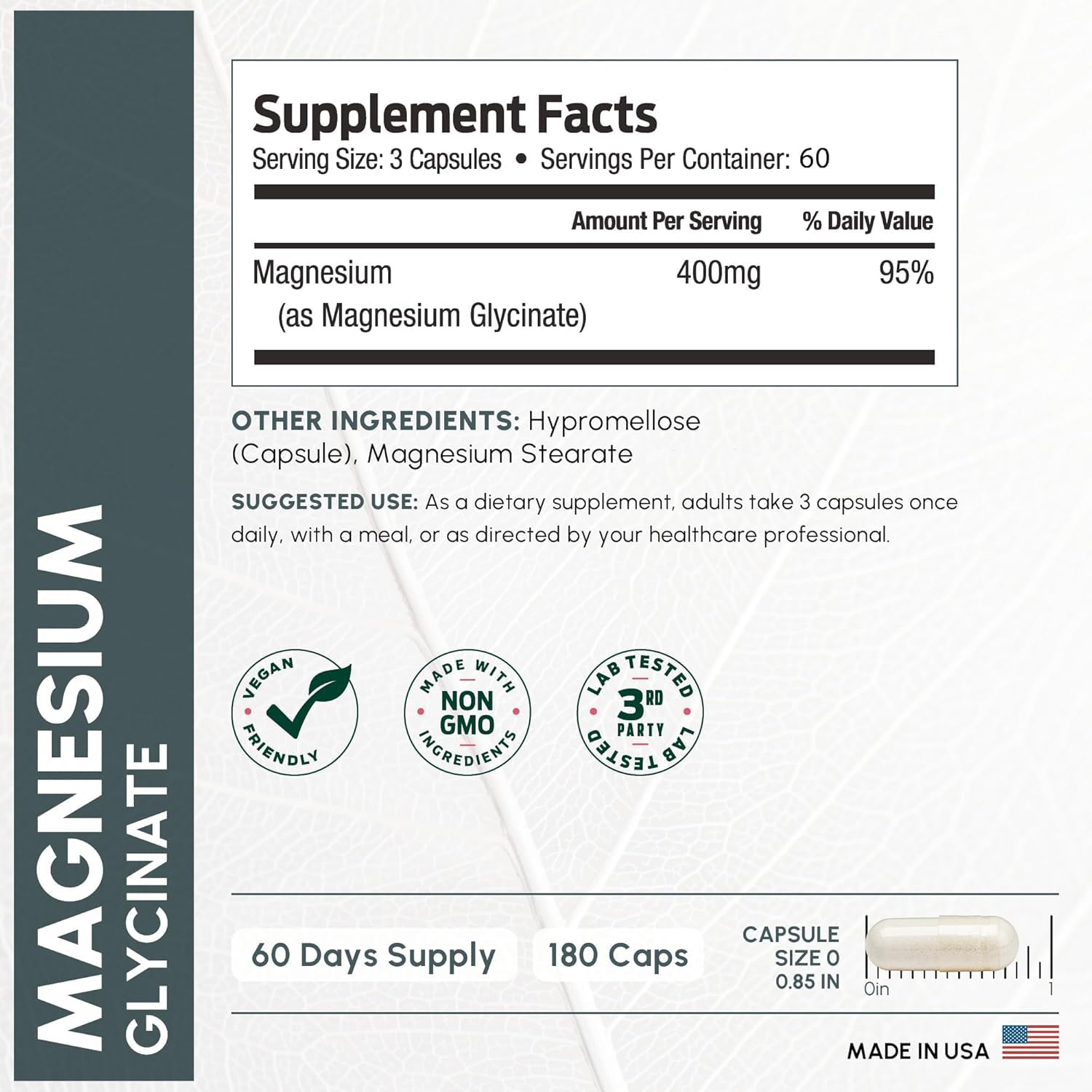 Pure Magnesium Glycinate 400mg Serving - High Absorption Magnesium Glycinate - Mag Bisglycinate for Stress, Bones, Muscles, Nerves, Relaxation & Heart Health, Non GMO & Gluten Free - 180 Capsules