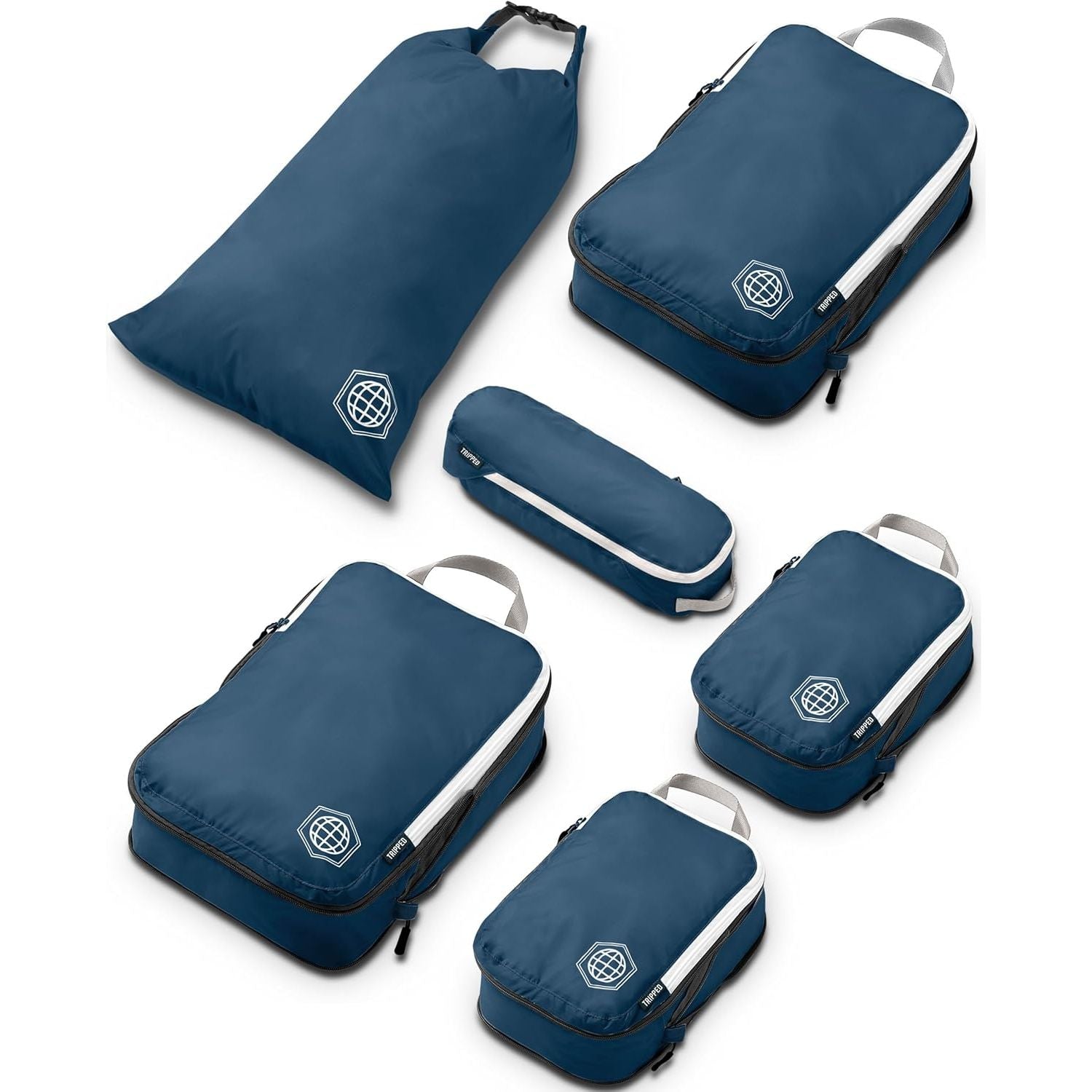 Buy now Compression Packing Cubes Set for Travel - Lightweight, Durable Clothes Organizer for Carry-On Luggage and Suitcases by TRIPPED Travel Gear 6 Piece Nautical Navy (Navy Blue and White) at indiglob india