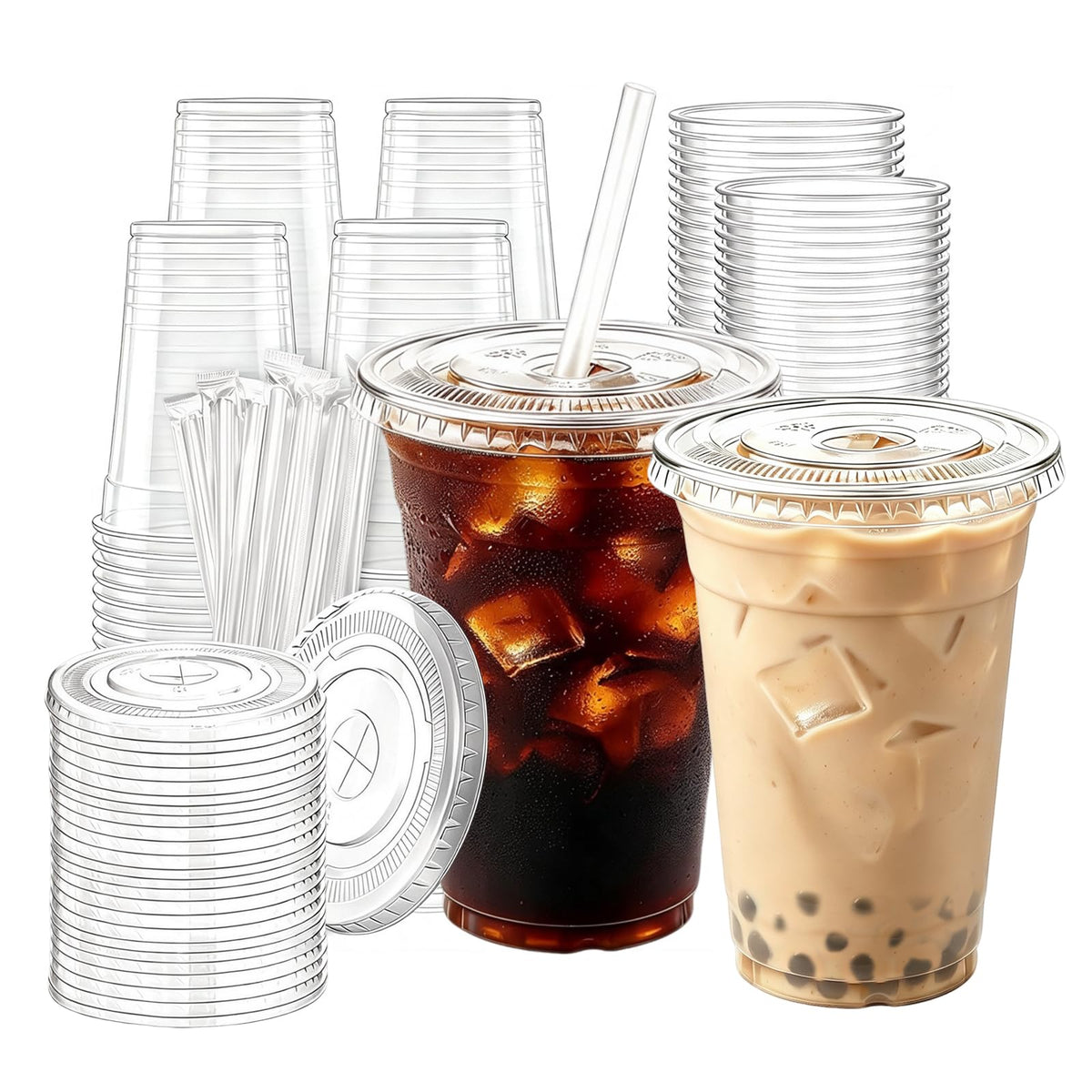 Iced Coffee Cups with Lids Straws, 50 Sets 16oz Plastic Boba Cups