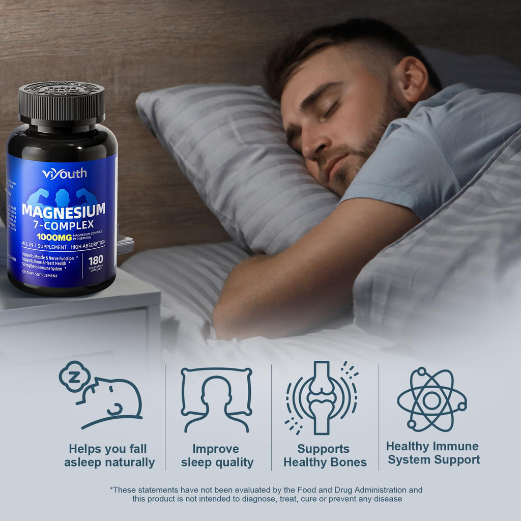 Magnesium 7 Complex Supplement Advanced for Sleep & Muscle, 180 Capsules | 7 Forms of Magnesium (Glycinate, Malate, Chelate, Aspartate, Orotate, Taurine, Citrate), Zinc, Vitamin D3 & Vitamin B6