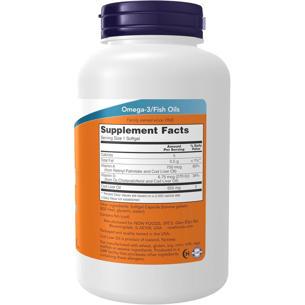 Buy now NOW Foods Supplements, Cod Liver Oil 650 mg, Excellent Source of Vitamins A and D-3, 250 Softgels at indiglob india