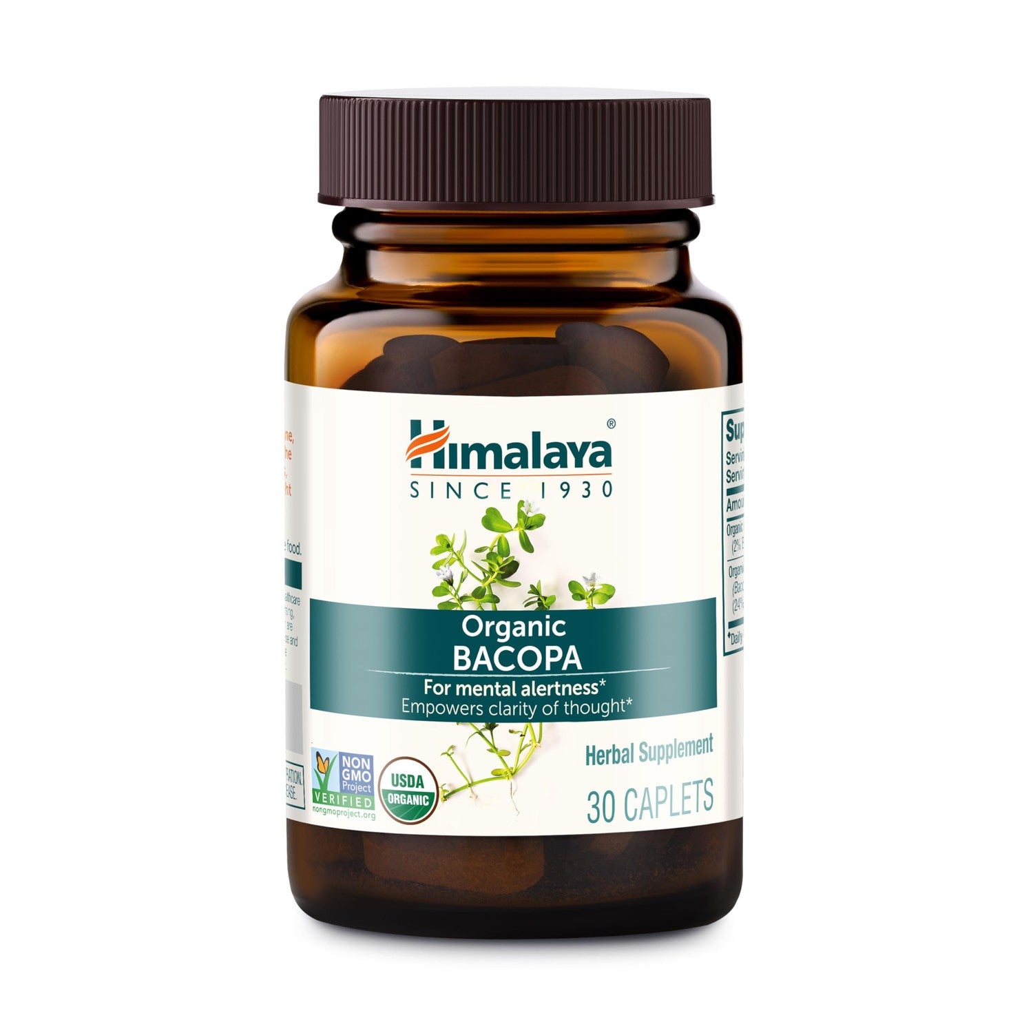 Himalaya USDA Organic Bacopa Monnieri Supplement,750 mg,60 Caplets | For Mental Alertness, Supports Calm, Memory & Cognition, Nootropic Herbal Supplement, Bacopa Extract Brahmi - Non-GMO, Vegan