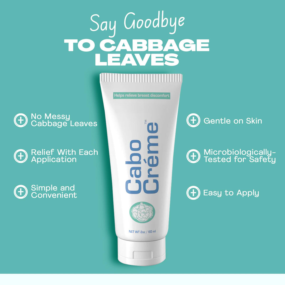 CaboCréme Cabbage Breast Cream for Tenderness & Engorgement Relief, Breastfeeding Weaning Support - Dry Up Breast Milk - Postpartum Essential - OB-GYN Created & Breastfeeding Mother-Approved - 2 oz