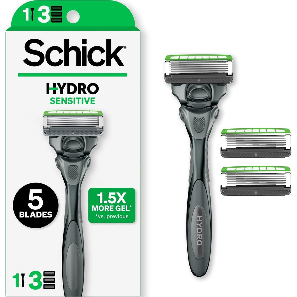 Schick Hydro Sensitive 5-Blade Razors for Men, 1 Handle & 3 Refills | 5-blade mens razors for shaving, 7 hydrating gel pools, Protective guards for sensitive skin, Flip-back precision edging tool