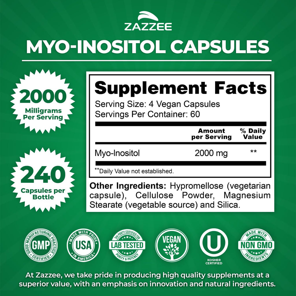 Zazzee Myo-Inositol Capsules, 2000 mg per Serving, 240 Vegan Capsules | Ideal Dosage for 40:1 Ratio, Certified Kosher, Hormone Balance & Healthy Ovarian Function Support, Non-GMO, Made in the USA