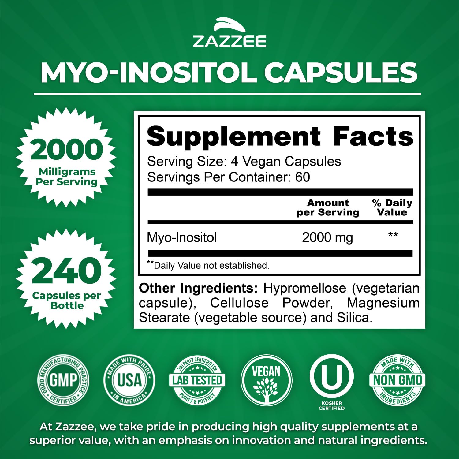 Zazzee Myo-Inositol Capsules, 2000 mg per Serving, 240 Vegan Capsules | Ideal Dosage for 40:1 Ratio, Certified Kosher, Hormone Balance & Healthy Ovarian Function Support, Non-GMO, Made in the USA