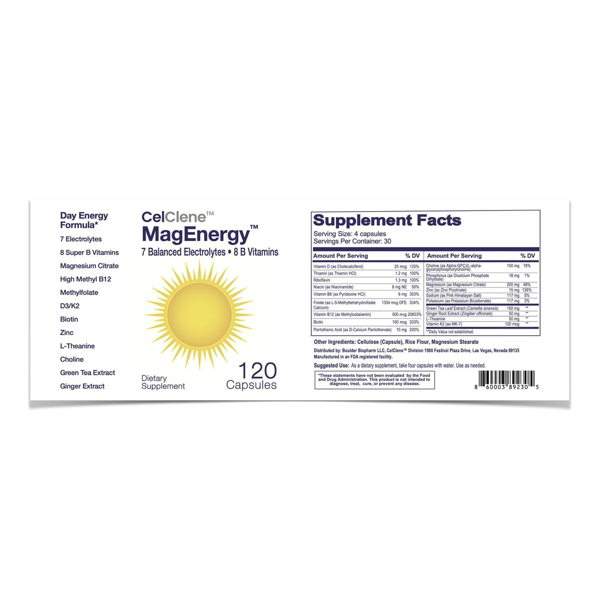 CELCLENE MagEnergy 7 Electrolytes, 8 Super B Vitamins, High Magnesium, High Methyl B12, Methyl Folate, D3/K2, Biotin, Zinc for Hydration, L-Theanine, Choline, Green Tea, Ginger Extracts