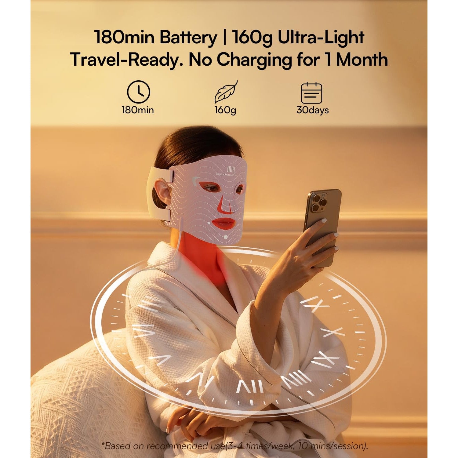 INIA Red Light Therapy Mask for Face, 850nm NIR, Red/Blue LED Light 4 Modes | Visible Results in Just 4 Weeks, 220 LEDs, 105mW/cm² Output, 2600mAh Rechargeable Battery, 10-30min Timer, Auto Shut-off