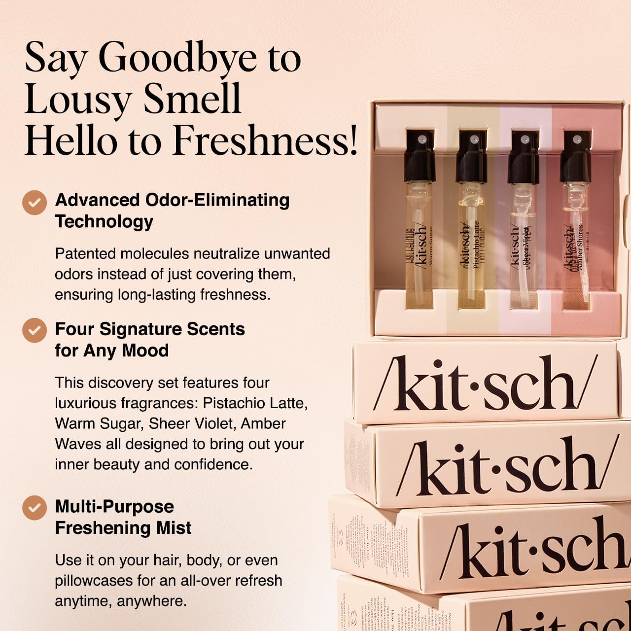 Buy now Kitsch Hair Perfume For Women (Discovery Set) - Pistachio Latte, Warm Sugar, Sheer Violet & Amber Waves - Patented Odor-Eliminating Technology, Hair Spray and Body Mist - 4 x 1.5mL at indiglob india