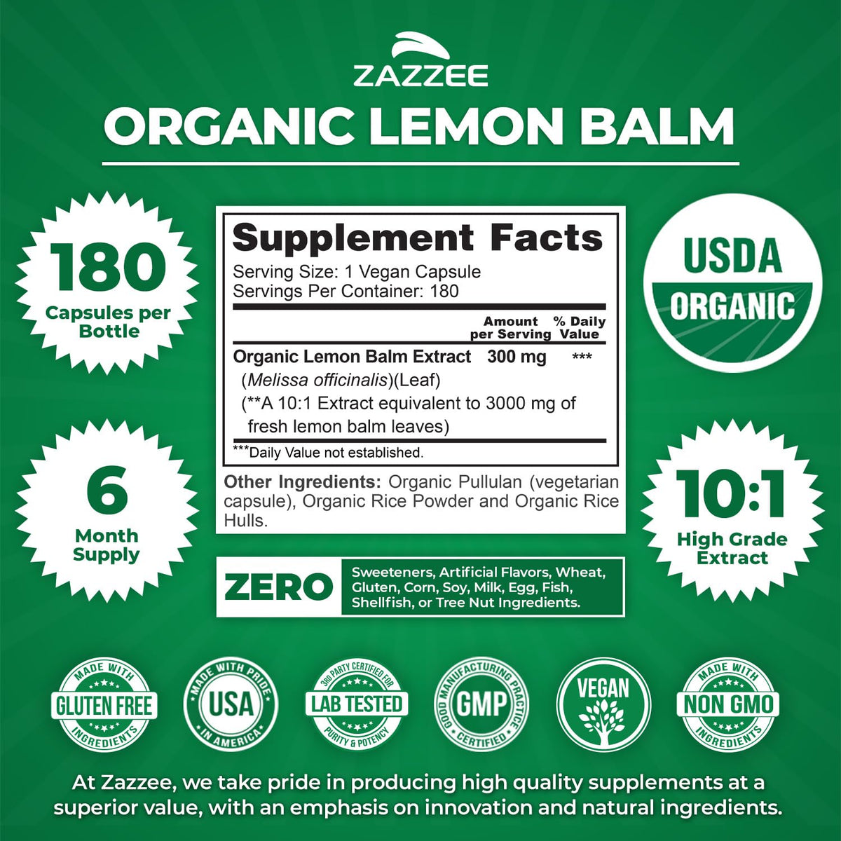 Zazzee USDA Organic Lemon Balm 10:1 Extract, 180 Capsules, 6 Month Supply