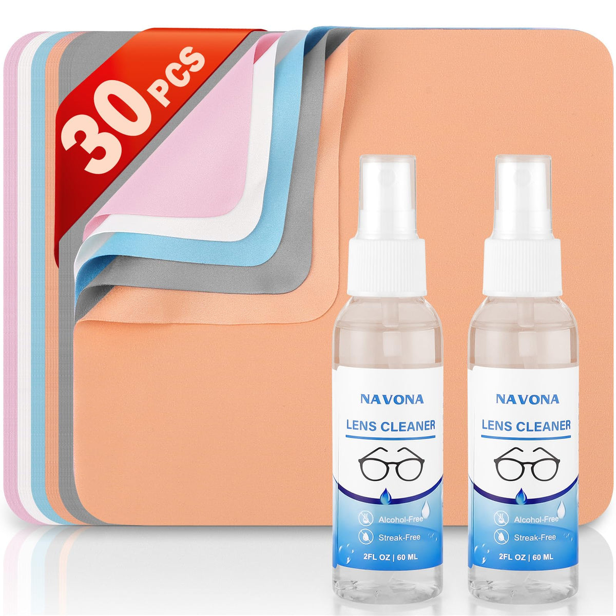 30 Pack Microfiber Glasses Cleaning Cloths with 2 Lens Cleaner Sprays