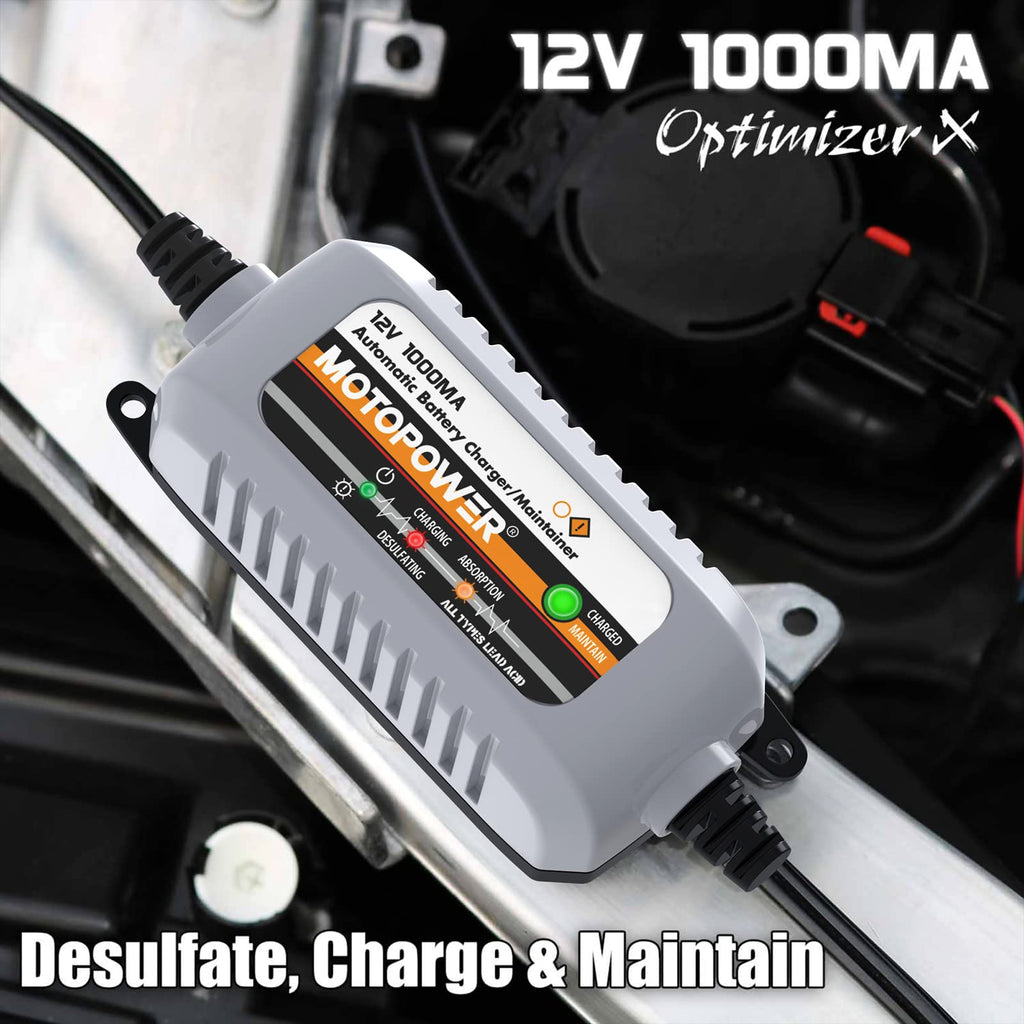 Buy now MOTOPOWER MP00205B 12V 1000mA Automatic Battery Charger, Battery Maintainer, Trickle Charger, and Battery Desulfator with Timer Protection - Grey at indiglob india