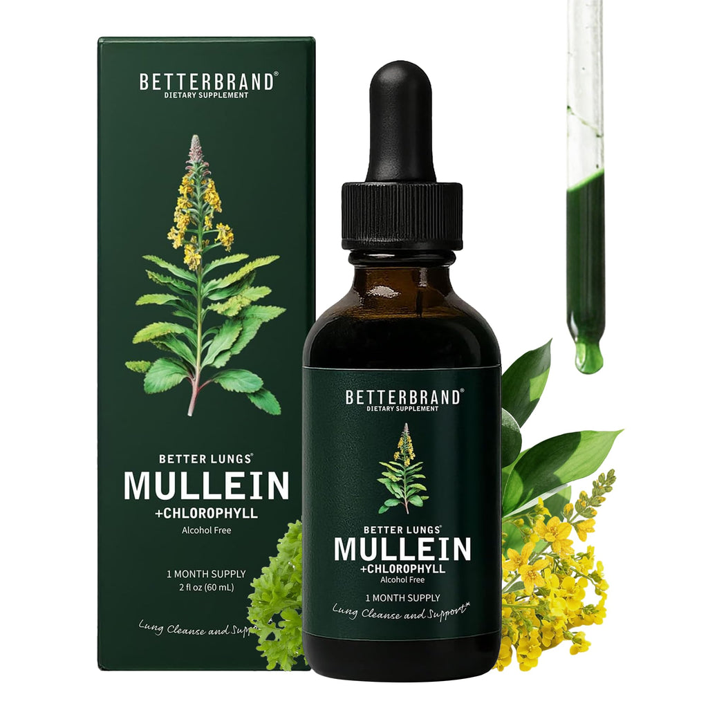 Betterbrand Mullein Drops, Alchohol-Free Lung Detox with Chlorophyll | 30:1 Mullein Leaf Tincture, Lung Cleanse, Long-Term Lung & Respiratory Health, Mullein Drops Supplement, Improved Airflow