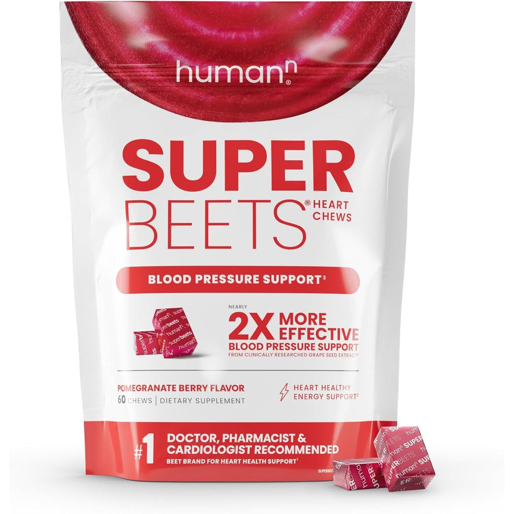 Buy now Humann SuperBeets Heart Chews, Nitric Oxide and Blood Pressure Support, Grape Seed Extract & Non-GMO Beet Root Powder Energy Supplement, Pomegranate Berry Flavor, 60 Count at indiglob india