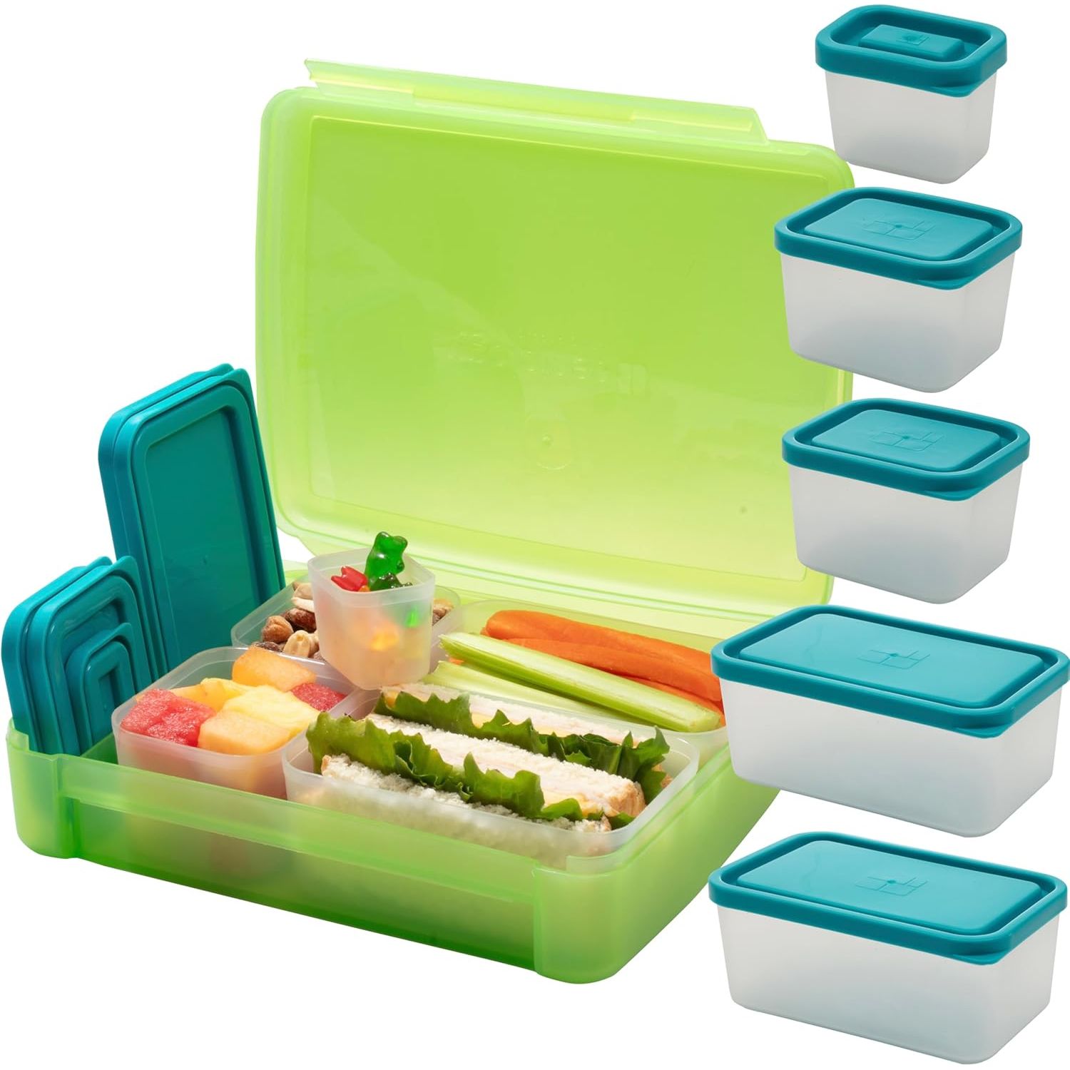 Buy now BentologyTM Clear Bento Lunch Box Set w 5 Removable Nesting Containers- Adapt Inner Compartment Portion Sizes- Meal Prep Snack Holders for Back to School, Leakproof Durable & BPA Free- Dishwasher Safe Green at indiglob india