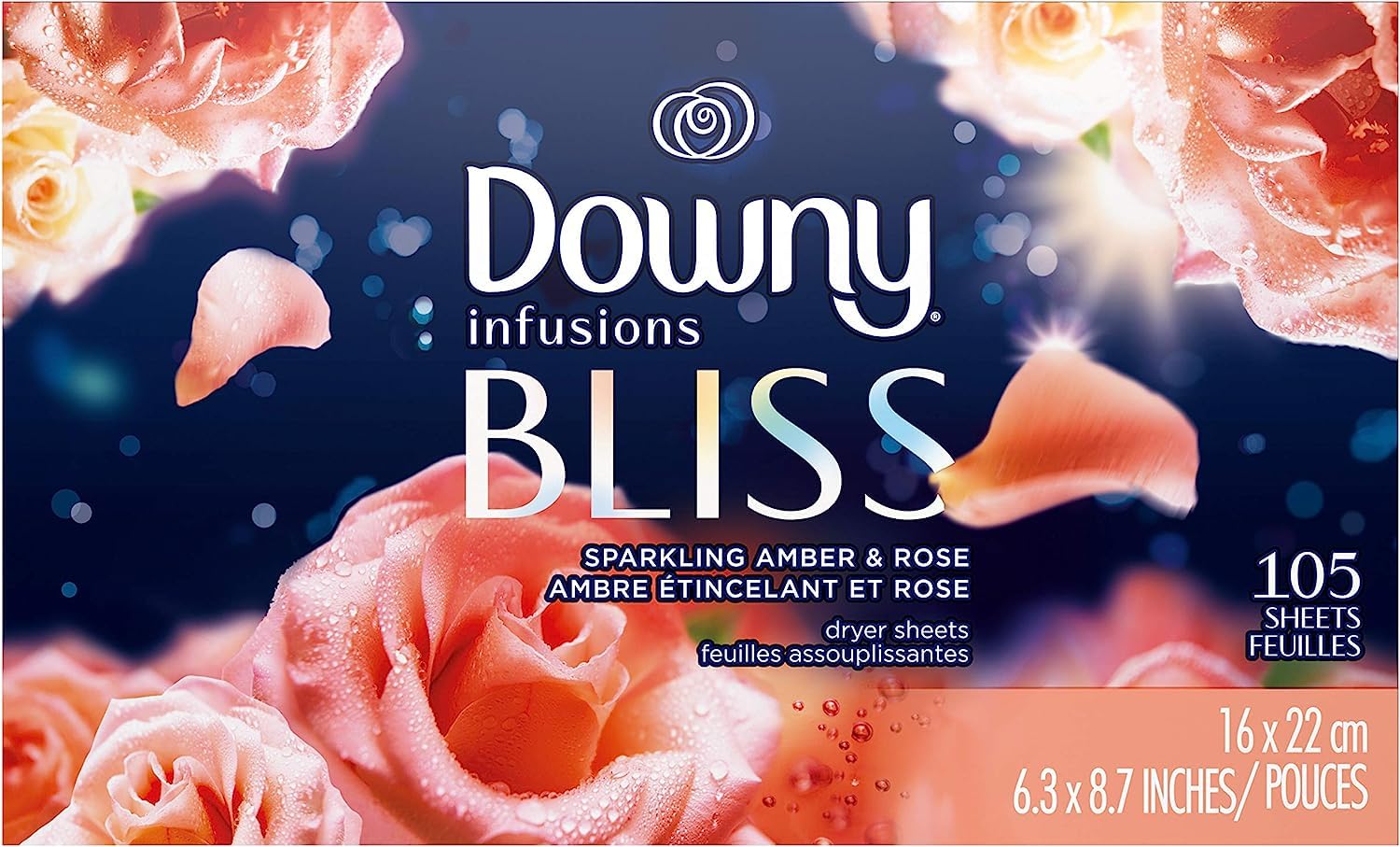 Buy now Downy Infusions Dryer Sheets Laundry Fabric Softener, Calm Scent, Lavender & Vanilla Bean, 200 Count 105 Count (Pack of 1) Sparkling Amber & Rose at indiglob india