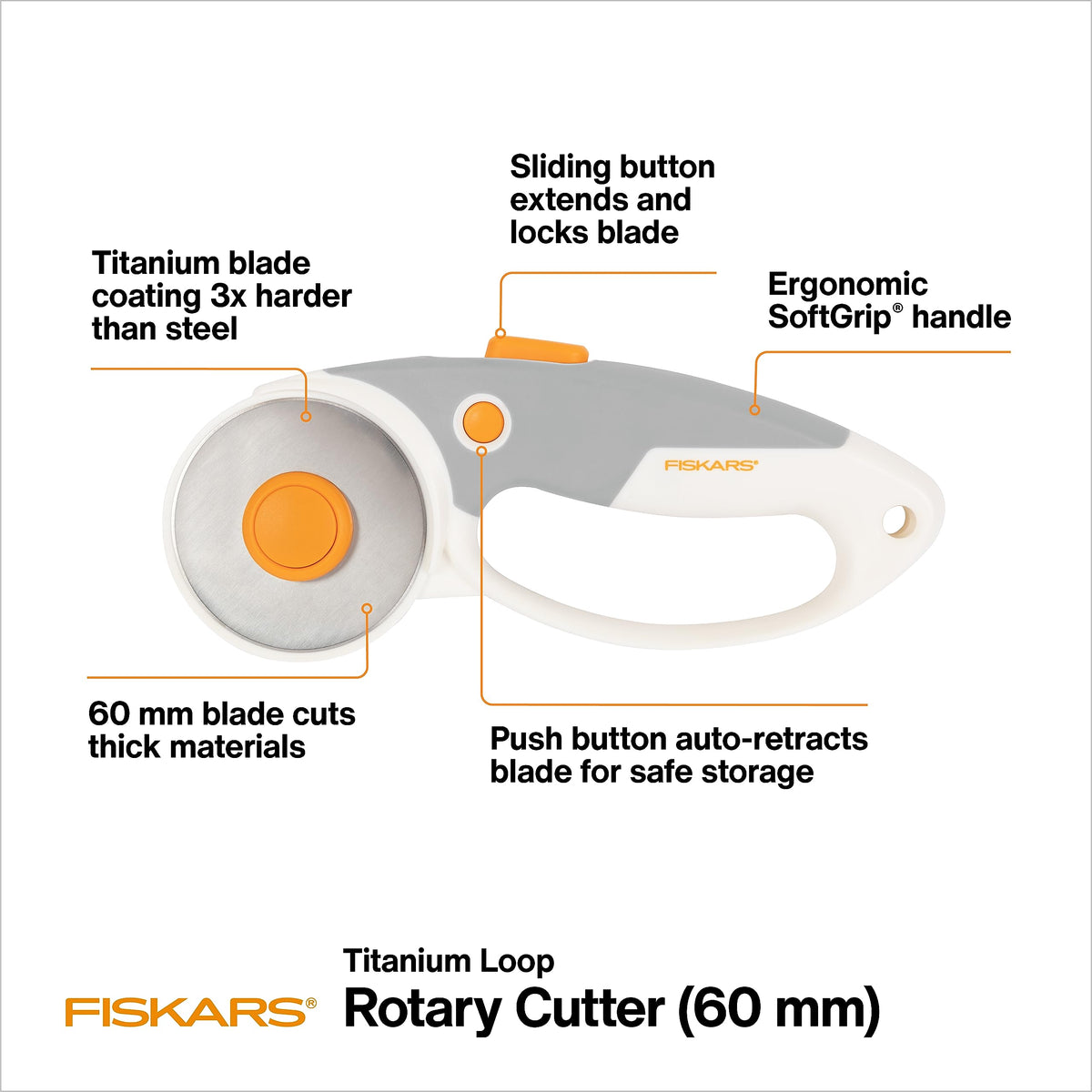 Fiskars 60mm Loop Titanium SoftGrip Rotary Cutter for Fabric & Sewing