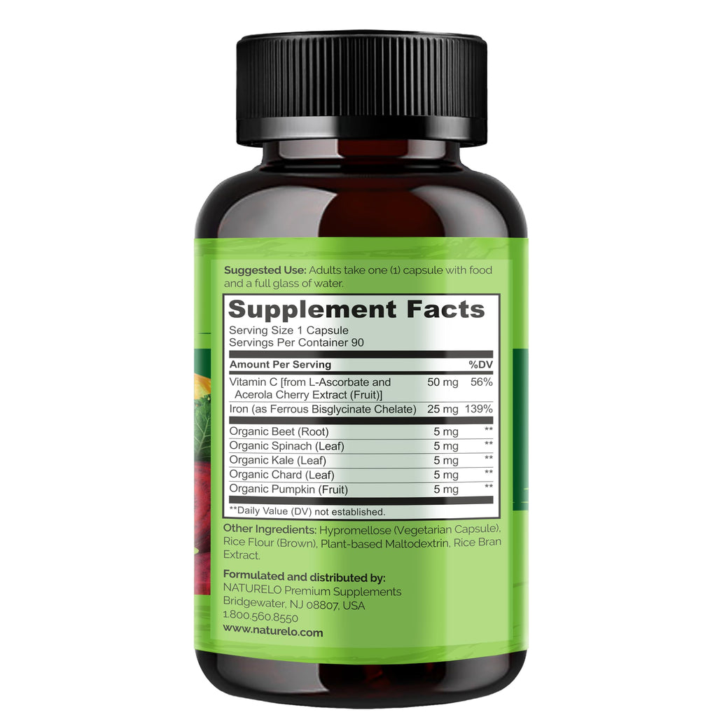 NATURELO Vegan Iron Supplement with Vitamin C & Organic Whole Foods, 90 Ct | Gentle Iron Capsules for Women & Men with this Mineral Deficiency - Including Pregnancy, Anemia and Vegan Diets