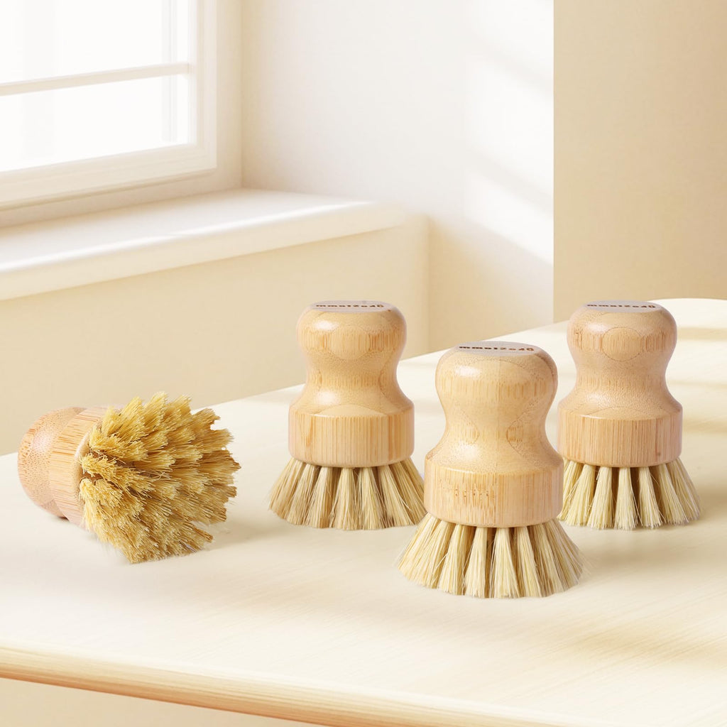4 Pack Bamboo Dish Brush with Sisal Bristles for Kitchen Cleaning