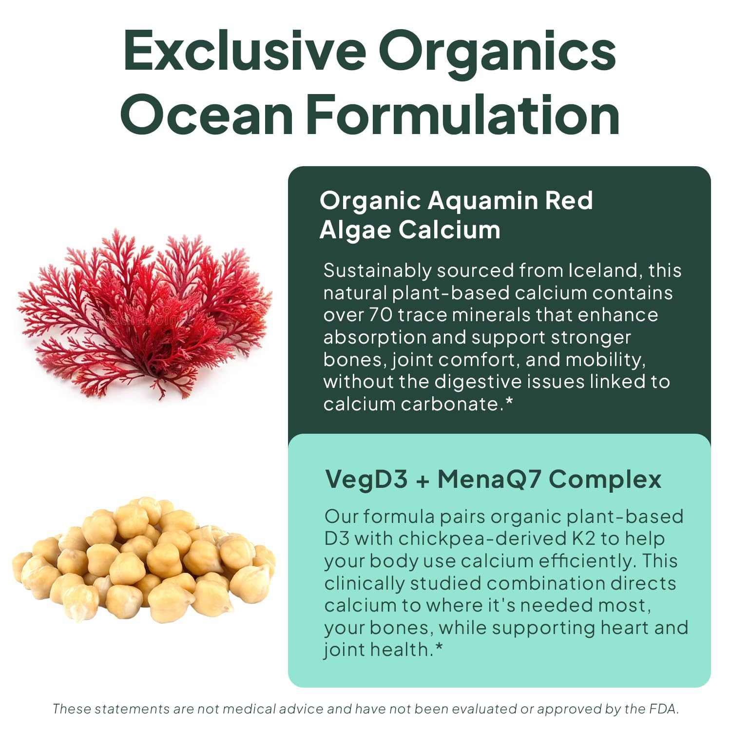 Organics Ocean Better Calcium - Organic Red Algae Calcium with Vitamin D3 and K2 Supplements - Supports Bone Structure, Joint Comfort & Encourages Healthy Aging - Plant-Based, Non-GMO - 6 Pack