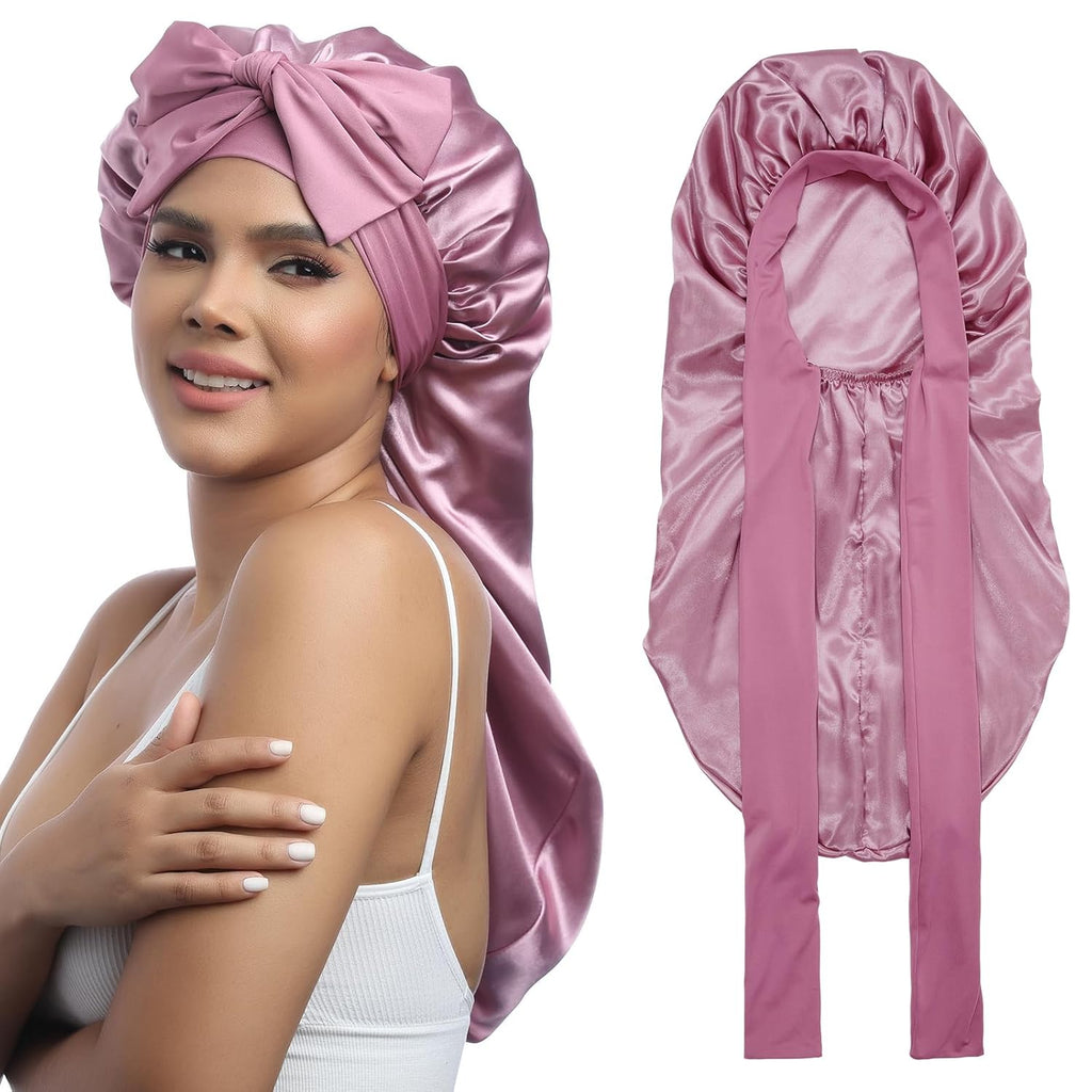 Buy now AWAYTR Long Satin Bonnet for Women - Double Layer Elastic Silk Bonnet for Braids Hair Sleeping Cap with Tie Band (Rose Gold) at indiglob india