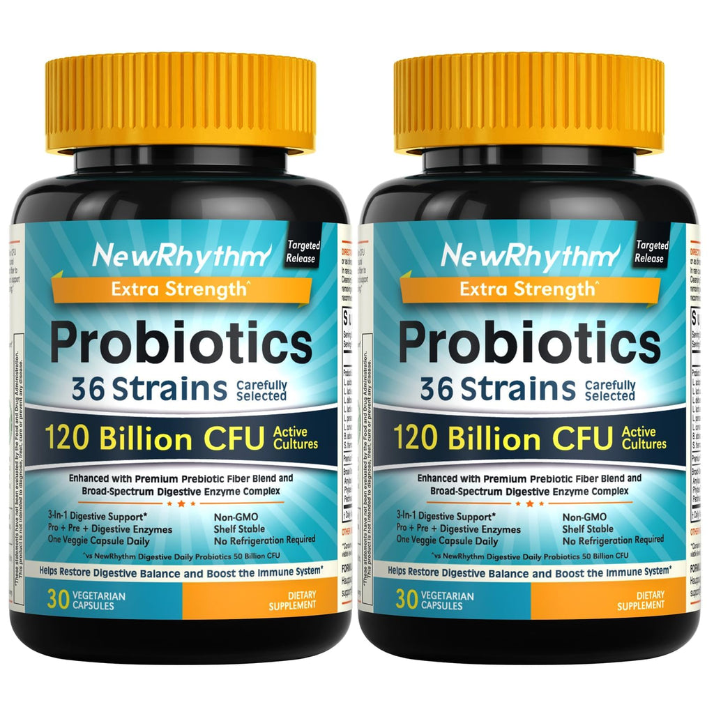 Probiotics 120 Billion CFU 36 Strains 3-in-1 with Prebiotics & Enzymes 60ct | NewRhythm Probioticos for Women & Men, Vegan Targeted Release Probiotic Supplement