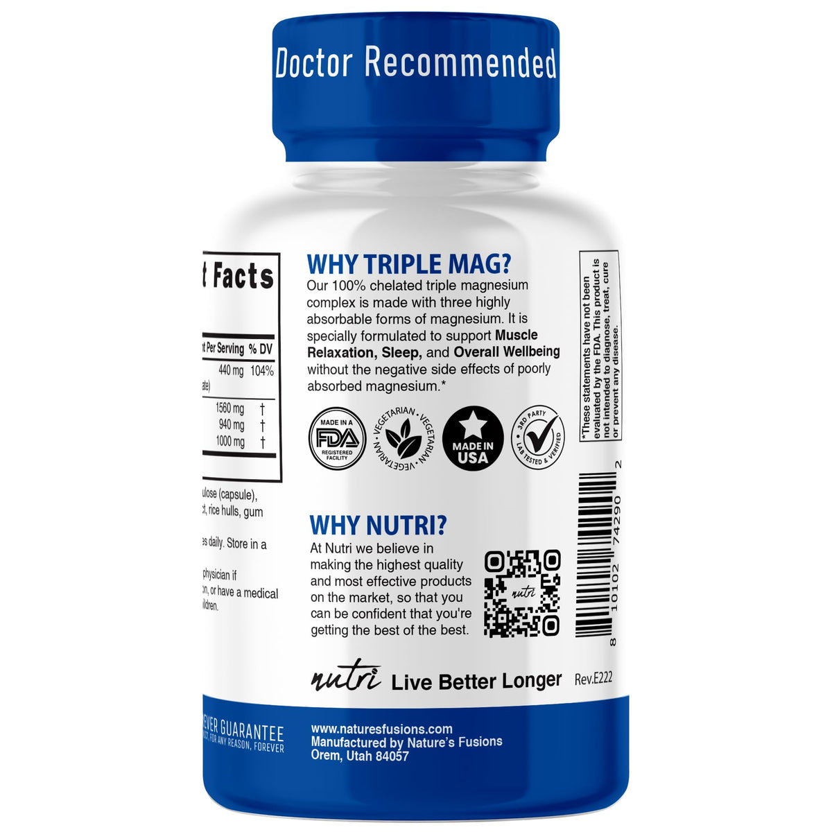 Nutri Triple Magnesium Complex, Glycinate, Malate, Taurinate, 440mg,120 Ct