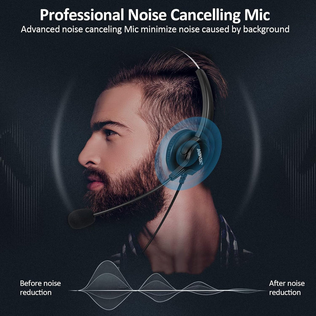 Buy now AGPTEK® Hands-Free Call Center Noise Cancelling Corded Monaural Headset Headphone for Desk Telephone with 4-Pin RJ9 Crystal Head at indiglob india
