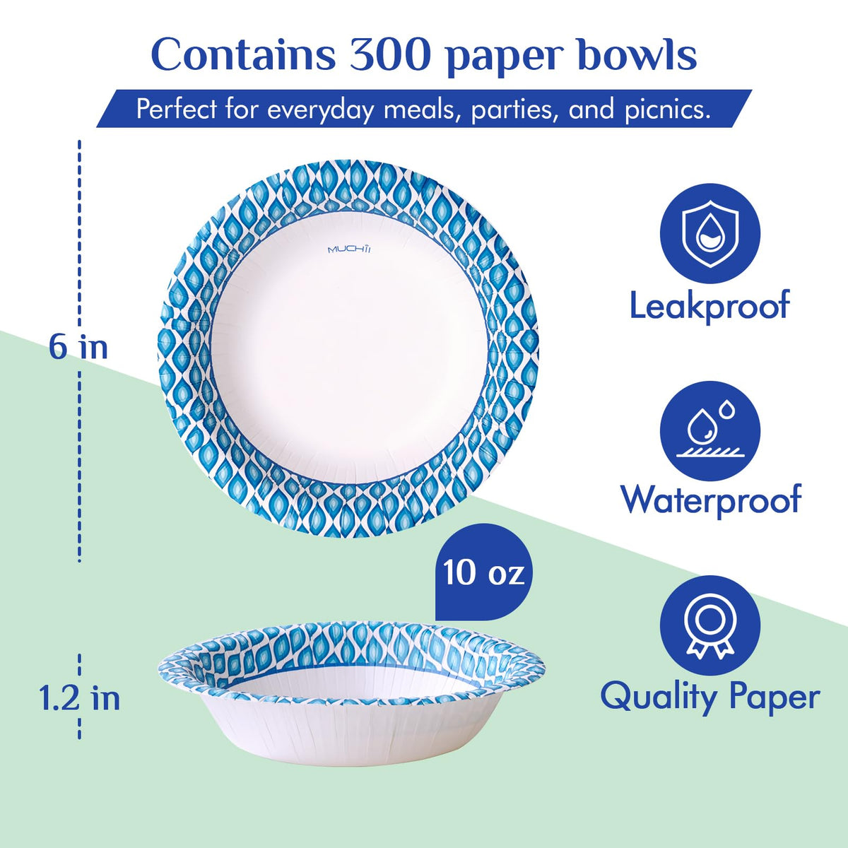 MUCHII 10 oz Paper Bowls, 300 Count Printed Disposable Small Bowls Bulk