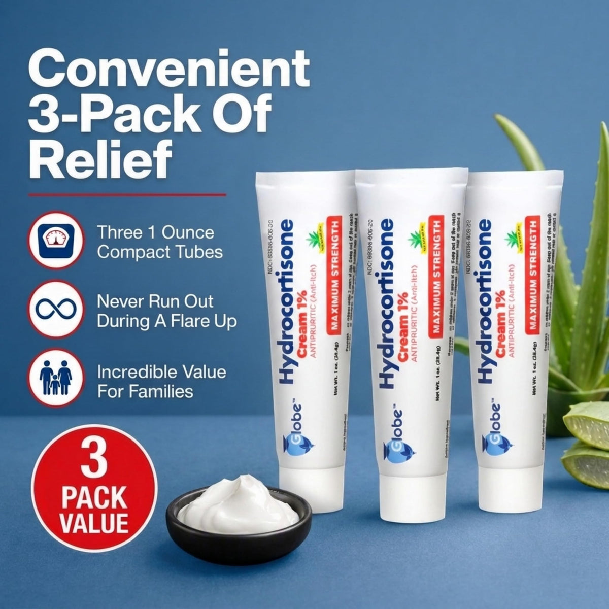 Globe Hydrocortisone Cream 1% with Aloe, Maximum Strength, 3 Pack, 1 oz
